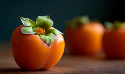 Sweet persimmon with leaves on a dark background