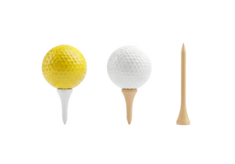 Image of super premium transparent photo of two golf balls on tees, one yellow and one white, and a wooden golf tee, isolated on transparent background