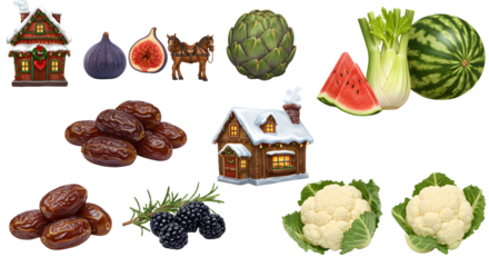 Fresh and colorful assortment of fruits and vegetables : figs, dates, blackberries, artichokes, cauliflower, watermelon, celery , gingerbread houses, perfect for healthy eating or seasonal food themes