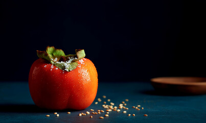 Sweet persimmon with leaves on a dark background