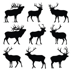 Black and white elk silhouette set for design