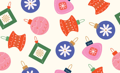 Christmas baubles pattern with trendy geometric ornament. Merry Christmas background for decorations, gift, greeting card, poster. Hand drawn color Xmas balls in flat style. Minimal Isolated vector il