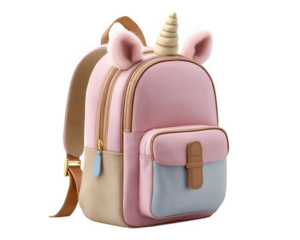 Cheerful pink unicorn backpack for school. Cute fantasy character bag fun piece of school gear, perfect for child supplies and books. Isolated on transparency background
