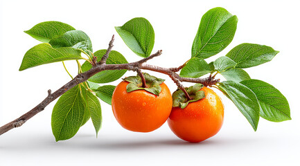 Full sweet persimmons accompanied by green leaves