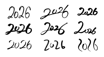 Nine different handwritten or calligraphic designs of the year "2026" in black ink on a white background.
