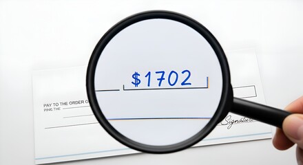 A magnifying glass focusing on the numbers “$1702” on a check, clean white background
