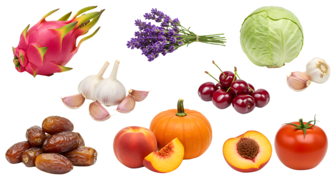 Fresh colorful fruits and vegetables including dragon fruit, lavender, cabbage, garlic, cherries, dates, peach, pumpkin, and tomato on white background