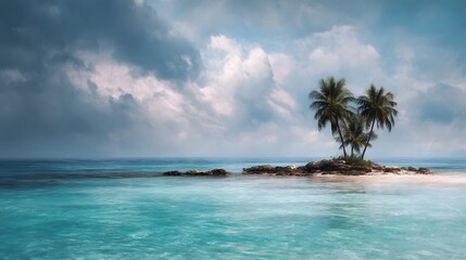 A remote tropical island paradise with palm trees and crystal clear turquoise ocean water under a dramatic sky