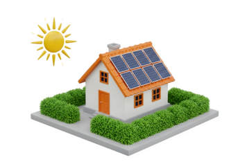 Image of super premium transparent photo of a small house with solar panels on the roof and a sun symbol, surrounded by green bushes, isolated on transparent background