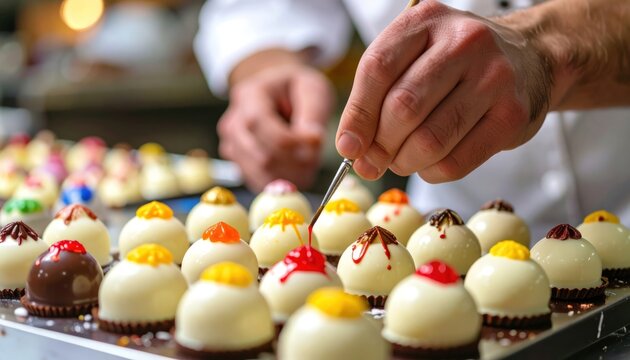 Chef Decorating Gourmet Pastries with Colorful Glaze.