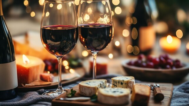 Retirement Banner with Wine and Cheese - cozy setting, wine glasses clinking, relaxation - Powered by Adobe