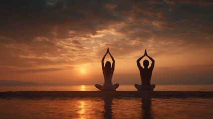 Man and woman practicing yoga on beach at sunrise, soft natural light, wellness and healthy lifestyle theme, relaxing fitness and meditation photography