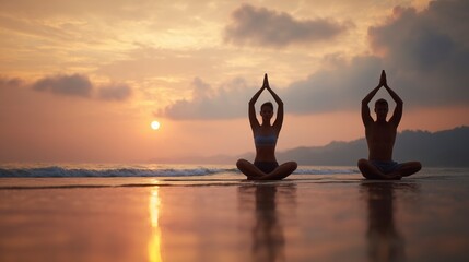 Man and woman practicing yoga on beach at sunrise, soft natural light, wellness and healthy lifestyle theme, relaxing fitness and meditation photography