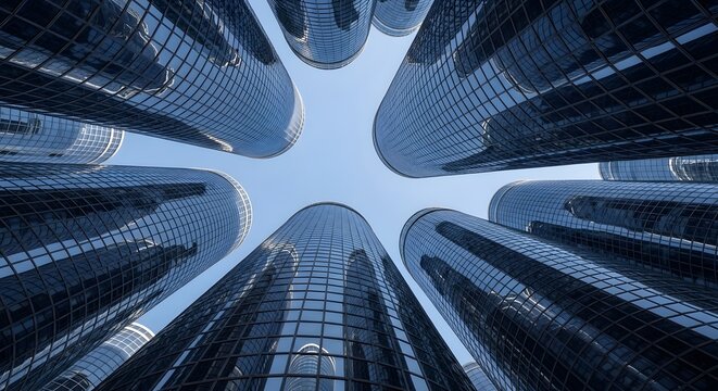 Worm's-Eye View of Modern Cylindrical Glass Skyscrapers