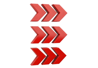 Image of super premium transparent photo of three rows of red 3d arrows pointing to the right, isolated on transparent background