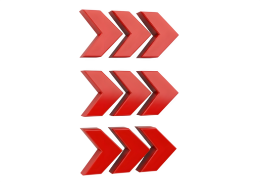 Image of super premium transparent photo of three rows of red 3d arrows pointing to the right, isolated on transparent background