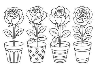 Four Potted Roses Outline for Coloring Pages and Educational Materials Floral Line Art Illustrations
