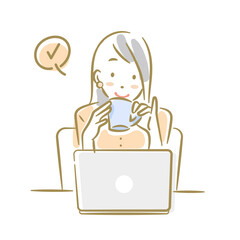 ノートパソコンの前で笑顔でコーヒーを飲む女性　ソフトなタッチのお洒落な線画イラスト