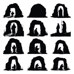 Empty tomb silhouette set black and white illustration