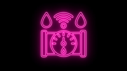 Vibrant neon smart water meter icon on a pipeline with gauge, water droplets, and wifi signal, representing intelligent resource management and connectivity, isolated on black background.
