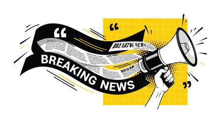Illustration of a hand holding a megaphone with a banner of breaking news flowing out, symbolizing important announcements and media.