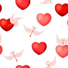 Key to the heart. Seamless pattern of hearts and keys with wings on a white background.