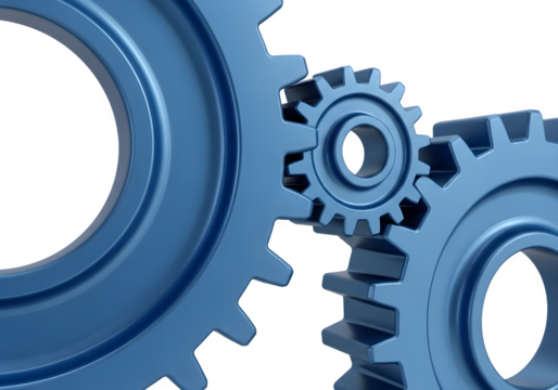 Image of super premium transparent photo of closeup of interlocking blue metal gears, symbolizing teamwork, mechanics, and industry, isolated on transparent background