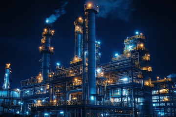 Industrial oil refinery at night with lights and smoke stacks.