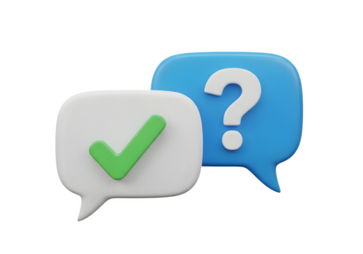 Image of super premium transparent photo of two speech bubbles, one with a green checkmark and the other with a question mark, isolated on transparent background