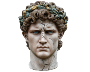 Cracked stone head of an ancient greek god statue with solemn expression. This divine sculpture features blue eye, laurel wreath, and powerful, melancholic gaze