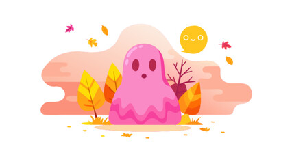 Cute pink ghost cartoon for halloween season illustration with autumn leaves background vector design
