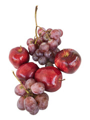 bunch of red grapes and apple on white background isolated