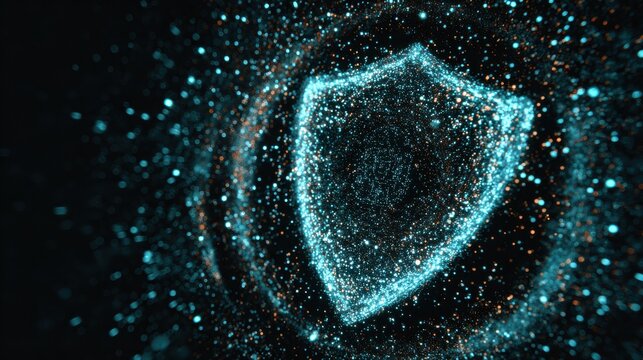 An abstract representation of digital security with glowing particles forming a protective shield, symbolizing cybersecurity.