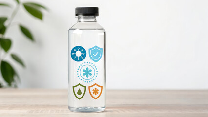 Clear glass bottle with immune health icons and protective shield symbols, minimalist wellness concept evoking calm and safety
