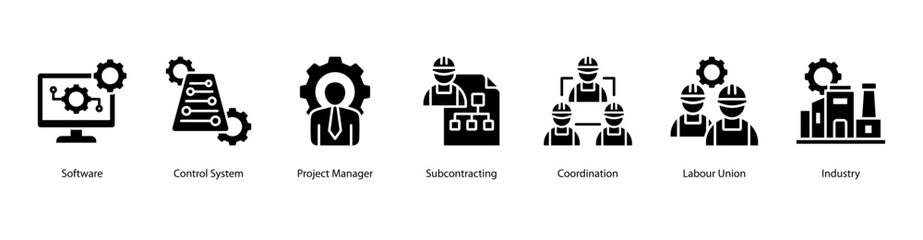 Project Coordination web banner icon vector illustration featuring Software, Control System, Project Manager, Subcontracting, Coordination, Labour Union, and Industry.