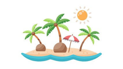 Tropical island vacation getaway with palm trees sun and beach umbrella summer holiday vector illustration