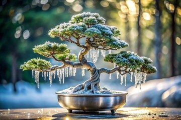 Obraz premium Snow covered bonsai tree with icicles in a metal pot outdoors