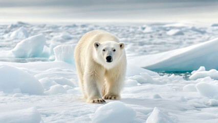 Obraz premium Microplastic and Contamination concept ,polar bear walking through snow with hidden plastic bag tangled near paw