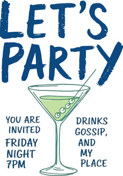 Invitation to a party with drinks and snacks at 7 PM on Friday night.