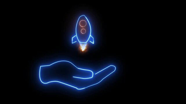 Rocket neon horizontal all the video icon space startup launch vector graphic template hd.Neon spaceship horizontal all the video rocket icon glowing startup symbol vector design.