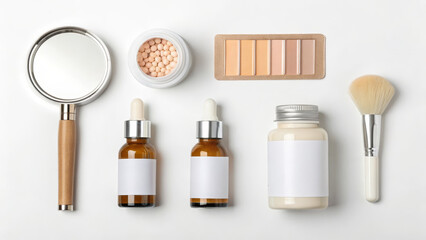 Dietary and supplement concept ,skincare serum bottle with mirror powder brush and cream flat lay, soft neutral tones