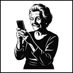 black silhouette of a grandmother holding a smartphone close to her eyes