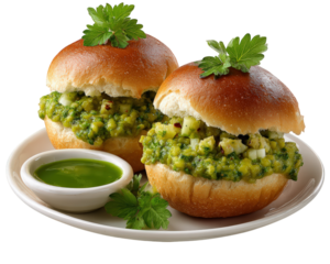 Delicious hara bhaji pav bhaji, popular Indian food and vegetarian snack. savory street food appetizer from Mumbai, served with flavorful green chutney on plate