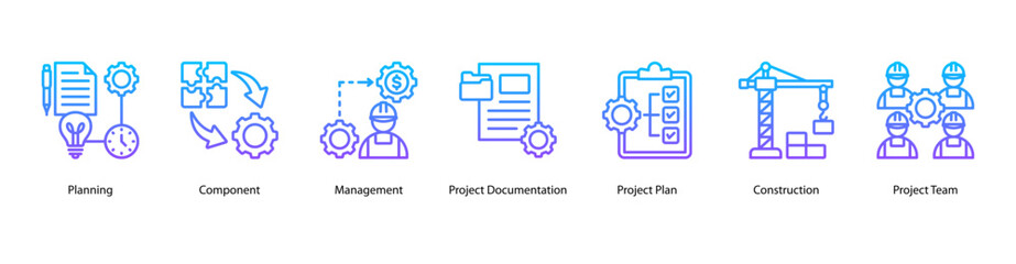 Business Planning web banner icon vector illustration featuring Planning, Component, Management, Project Documentation, Project Plan, Construction, and Project Team.