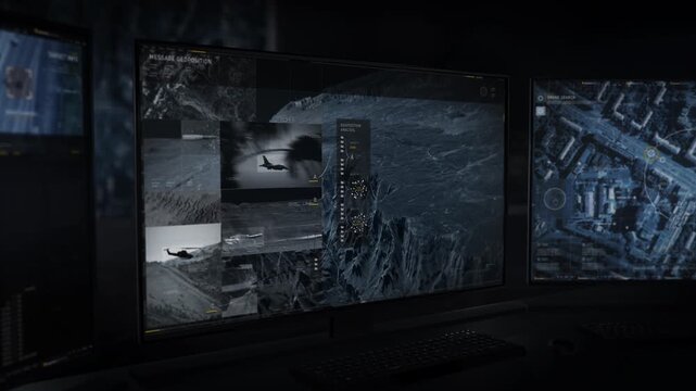 Military Tech Screen Establishes Satellite Connection For Intel On Enemy Army Base. Innovative Tech Screen Calculates Coordinates Of Enemy Army Base. Screen Shows Advanced Army Tech Software