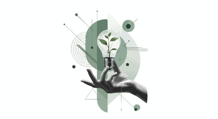 A hand holding a lightbulb with a growing plant inside, symbolizing green energy and sustainable innovation. © Muflif