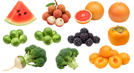 Assorted fresh fruits and vegetables including watermelon, lychee, grapefruit, persimmon, brussels sprouts, blackberry, broccoli, apricot, and turnip, healthy eating concept