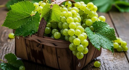 Fresh, vibrant green grapes fill a rustic wooden basket, dripping with water droplets, showcasing a bounty of summer produce.
