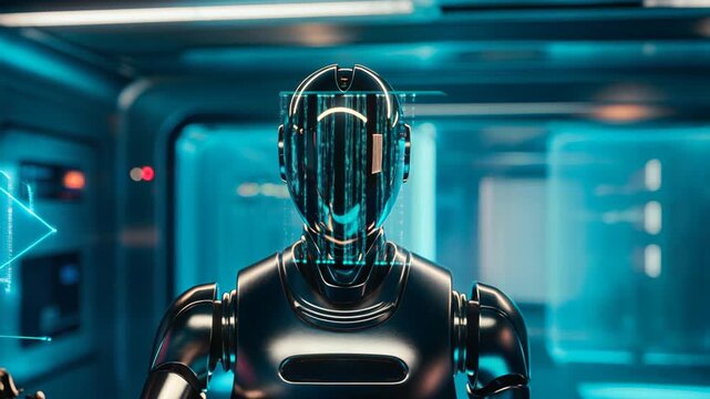 High-Tech Hub humanoid AI robot in futuristic laboratory with holographic interfaces and advanced digital research systems