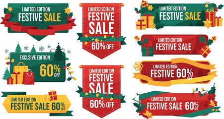 Festive holiday sale banners and labels offering discounts and limited editions.